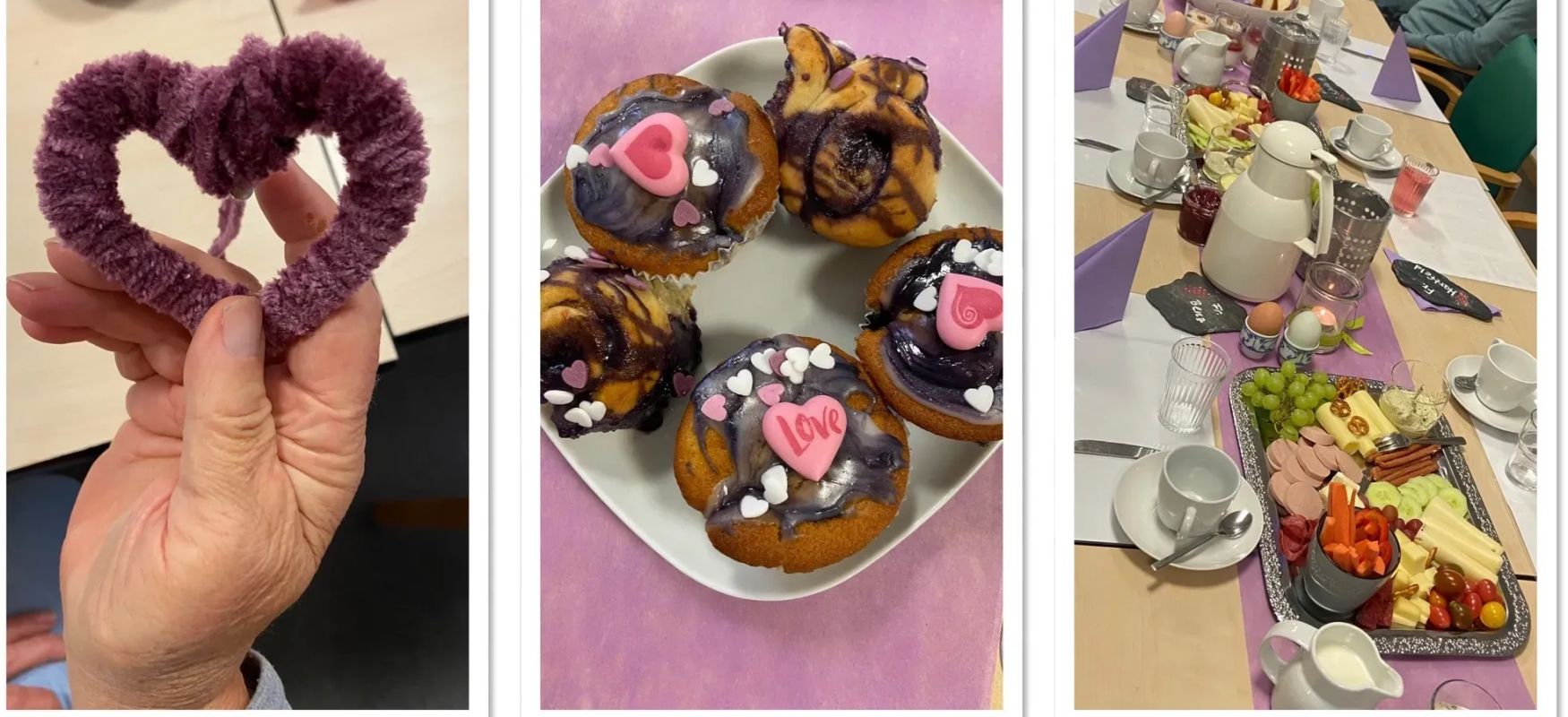 Hand halte ein gestricktes herz muffins mit herz verziehrungen und gedeckter tisch mit verschiedenen speisen und getraenken